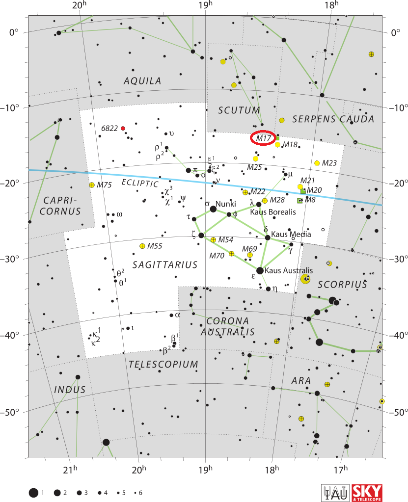 omega nebula location,find messier 17