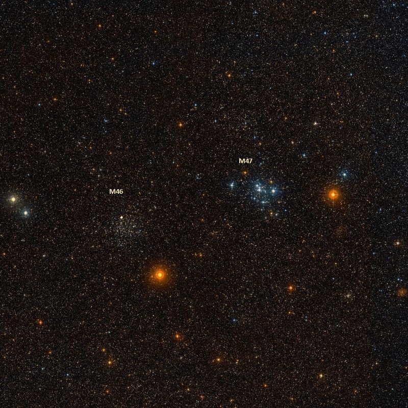 Messier 46 and Messier 47. Image: Wikisky