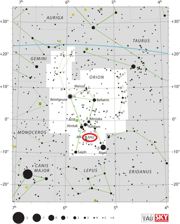 orion nebula location,find orion nebula,where is orion nebula,find m42