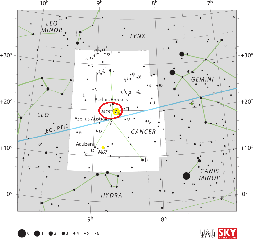 praesepe location,find beehive cluster,where is m44