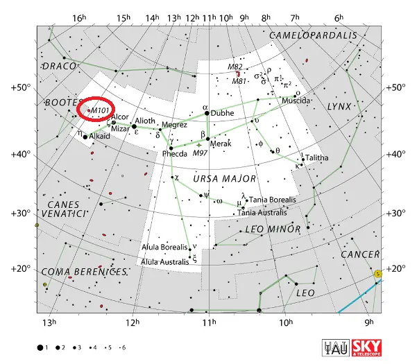 where is the pinwheel galaxy,how to find m101 galaxy in the sky