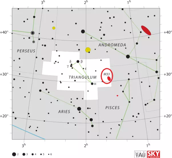 Triangulum Galaxy location,where is M33,how to find M33