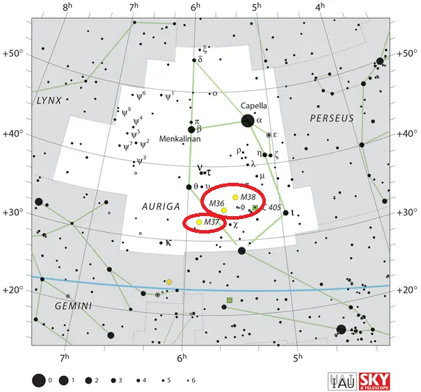 how to find m36, m37 and m38 in auriga