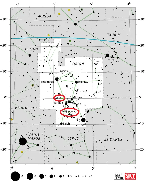 how to find orion nebula,where is m43,how to find m78 in the sky