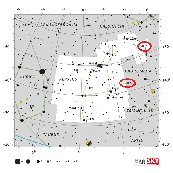 how to find little dumbbell nebula,where is m34 in the sky